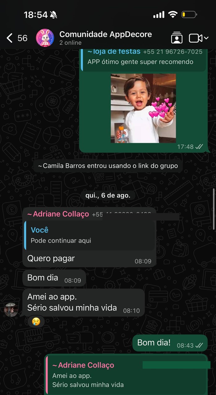 Depoimento da Adriane Collaço sobre o AppDecore no WhatsApp
