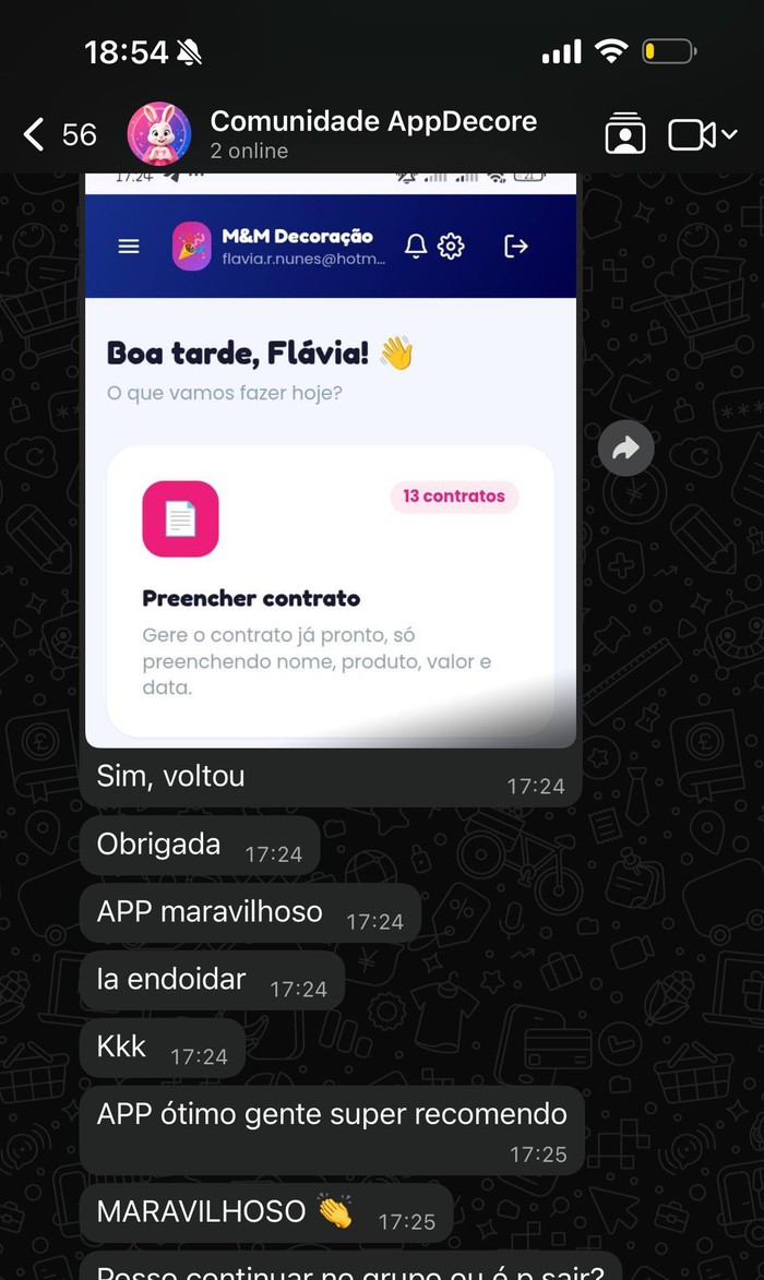 Depoimento da Flávia sobre o AppDecore no WhatsApp