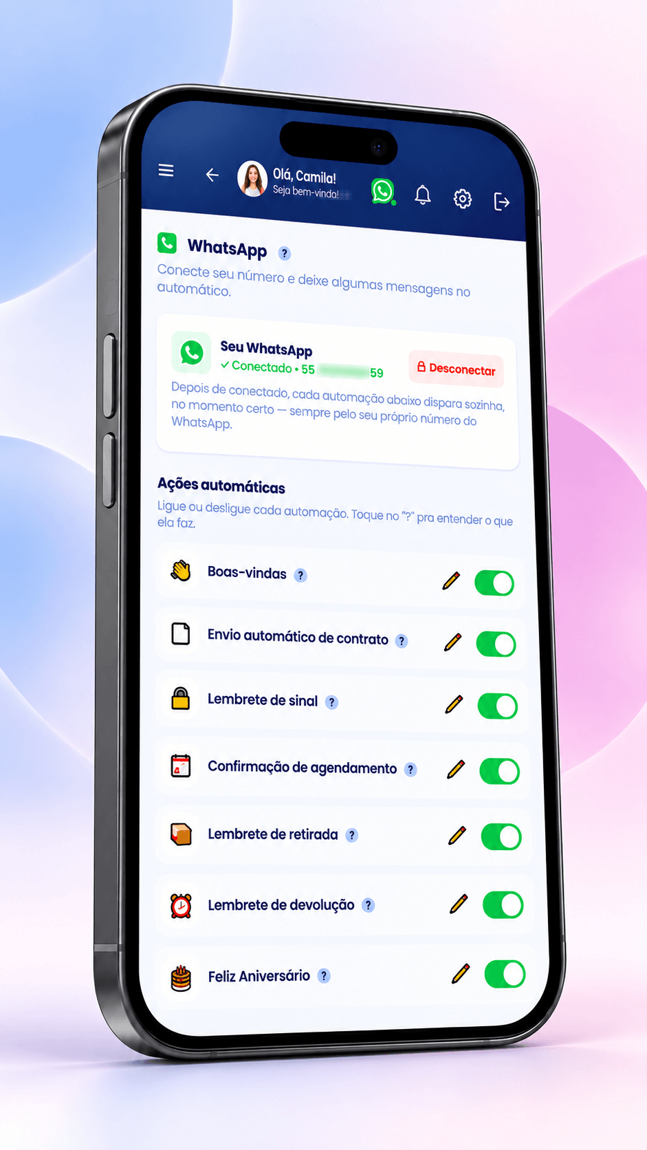 Tela de automações do WhatsApp no AppDecore, com WhatsApp conectado e as ações automáticas ligadas: boas-vindas, contrato, lembrete de sinal, confirmação de agendamento, retirada, devolução e feliz aniversário